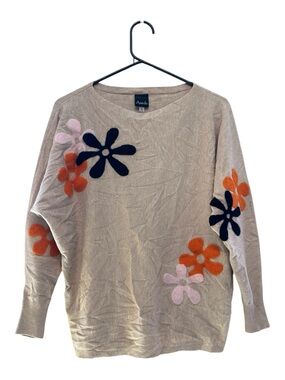 Aaeda Soft Beige 70’s Style Floral Appliqué Crewneck Sweater Size Medium